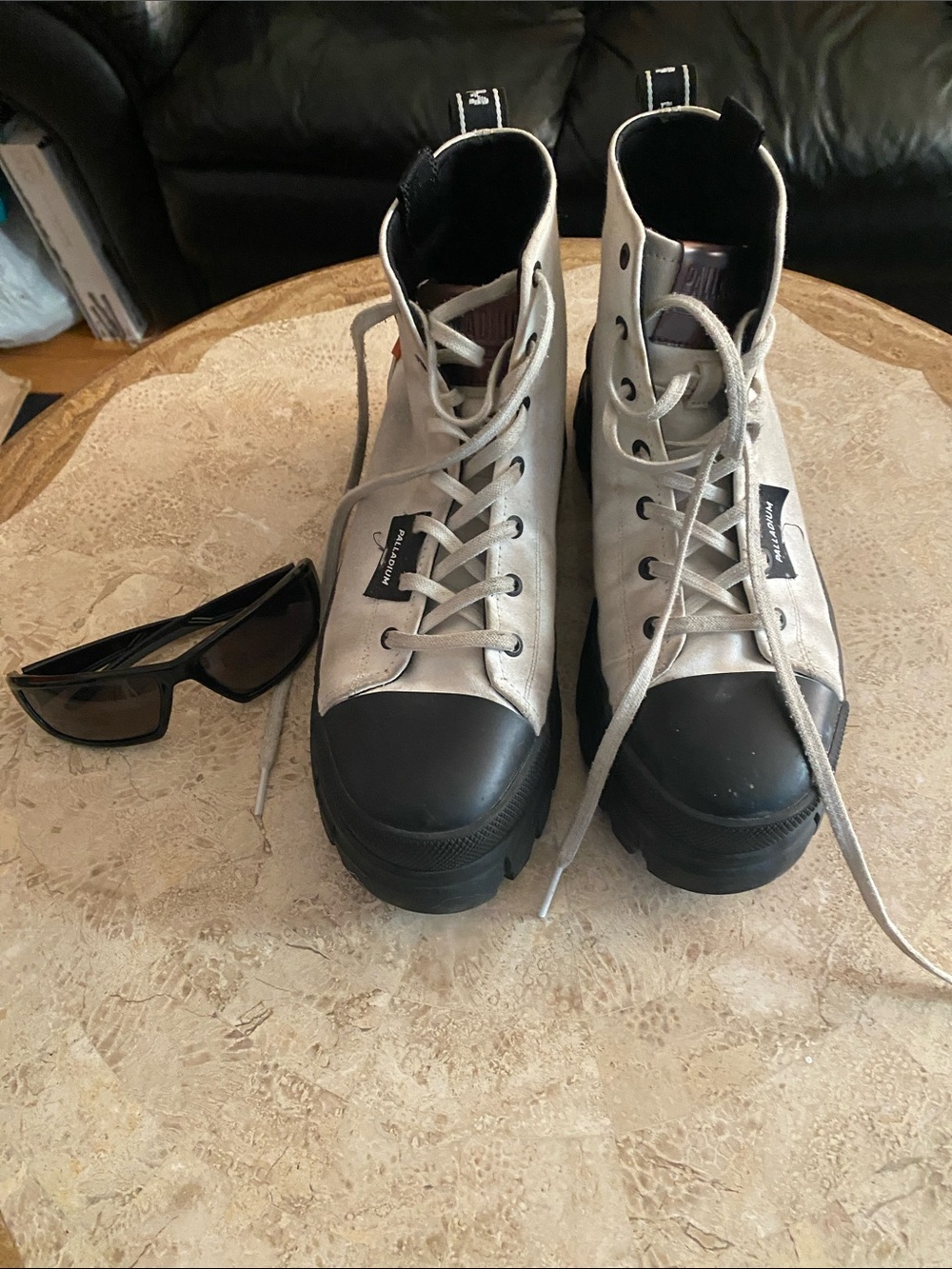 Palladium Cream and Black High-Top Canvas Lug Boots